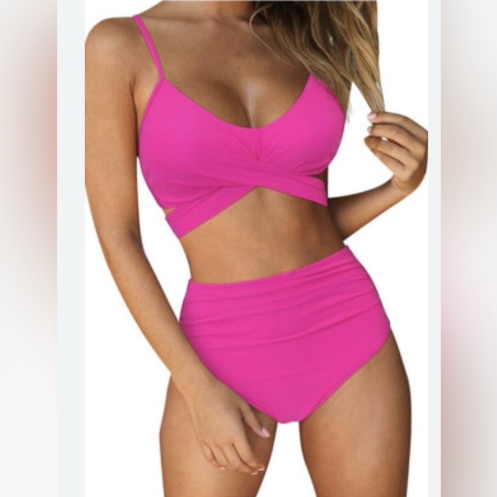Ruuhee High Waist Size  M Bikini Pink 2Pc Swimsuit Waist Tie
